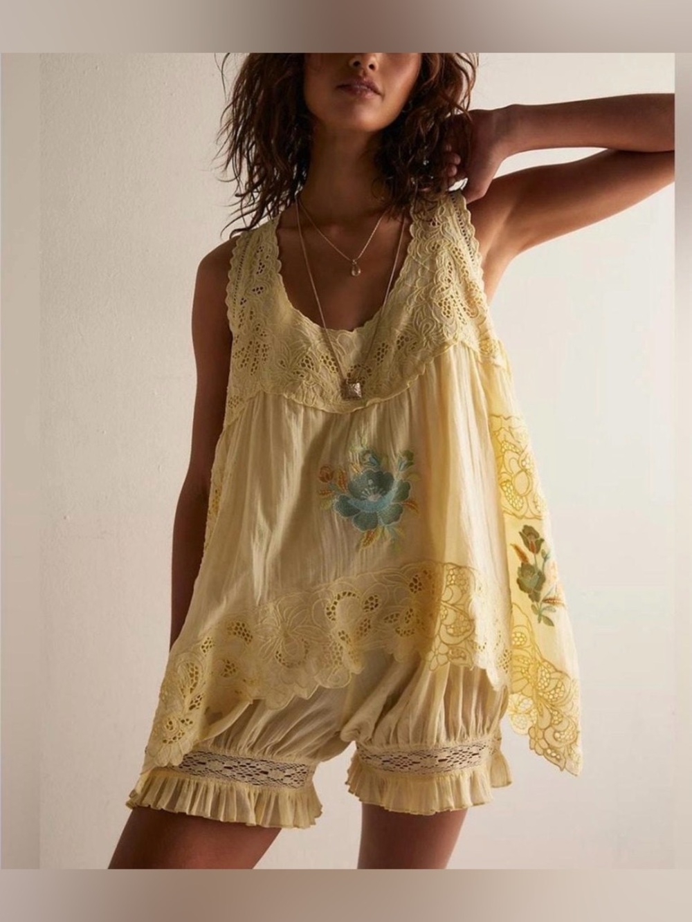 Free People NWT Eye Catcher Bloomsie yellow lace Crochet Embroidered Romper S